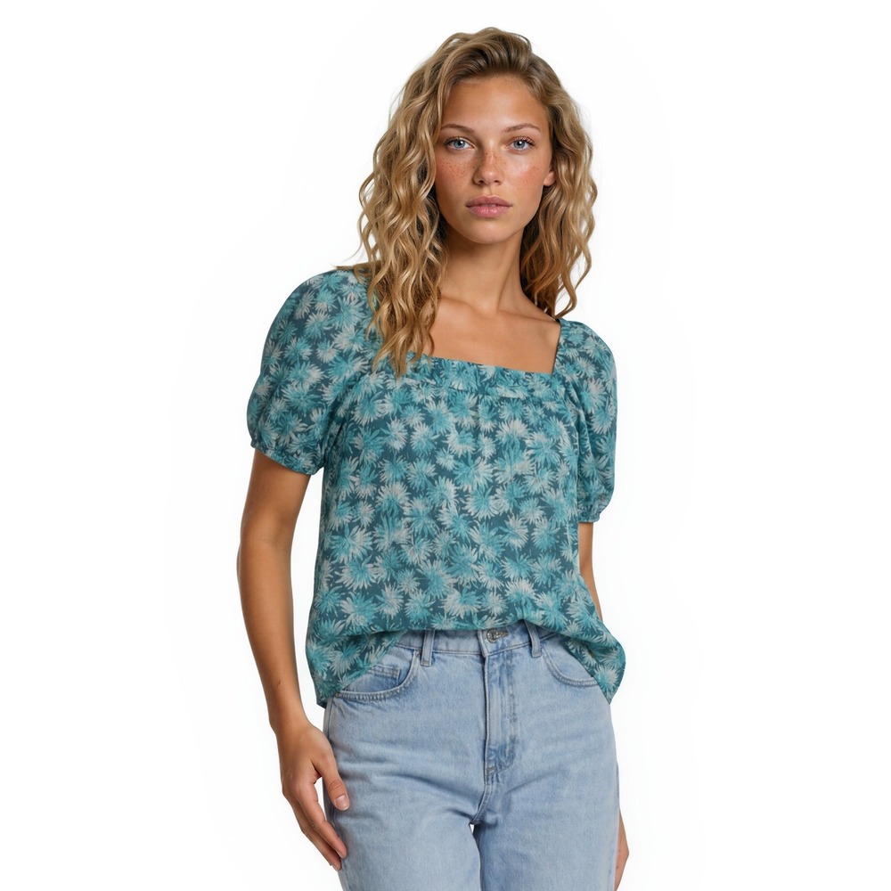 New Michael Kors Blouse Women's Size XL Nassau Teal Floral Metallic Puff Sleeve